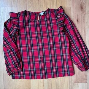CREWCUTS Girls Plaid Blouse SIZE 10 Red Ruffle Balloon Sleeve School Casual